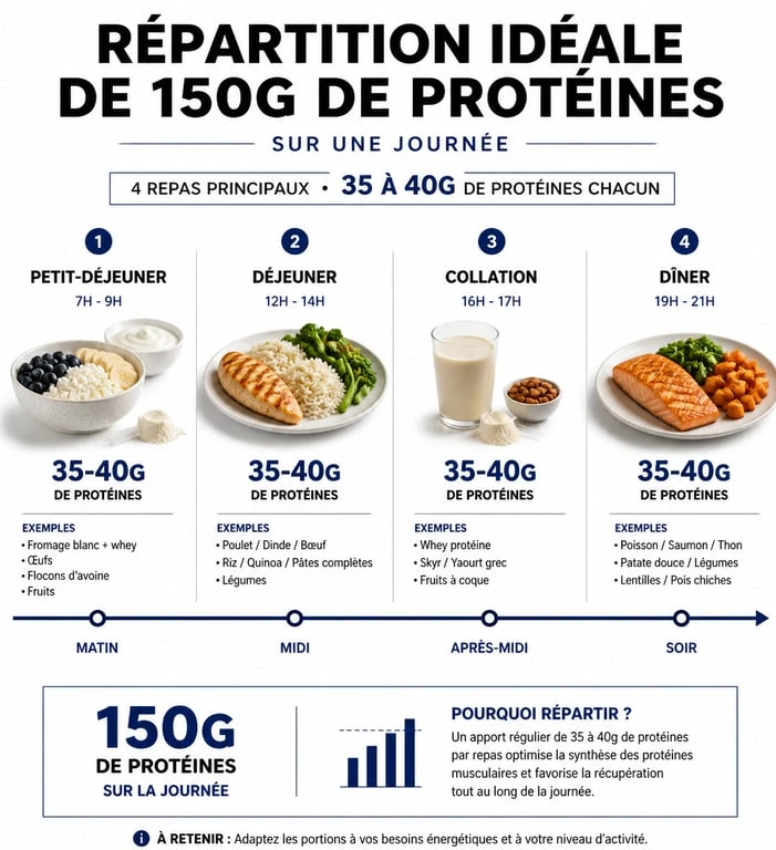 Infographie montrant comment répartir 150g de protéines par jour pour une alimentation équilibrée