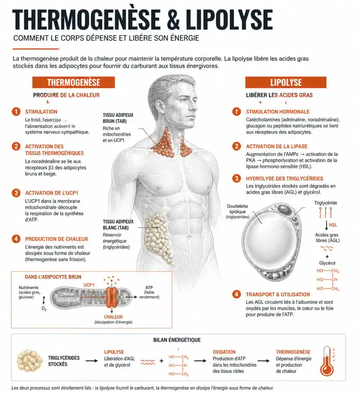 Infographie expliquant les mécanismes biologiques de la thermogenèse et de la lipolyse des aliments brûle-graisse
