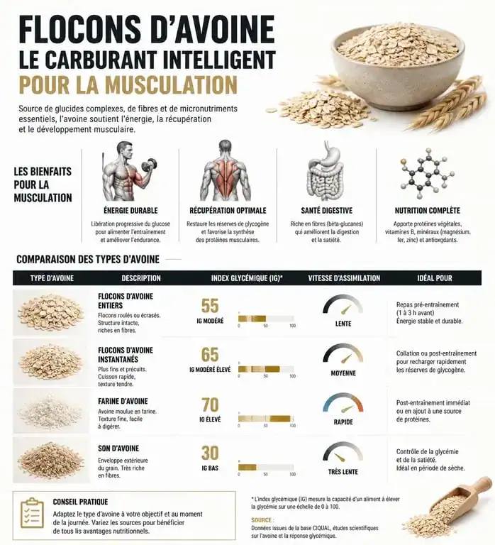 Infographie comparative des flocons d'avoine pour la musculation : index glycémique et assimilation