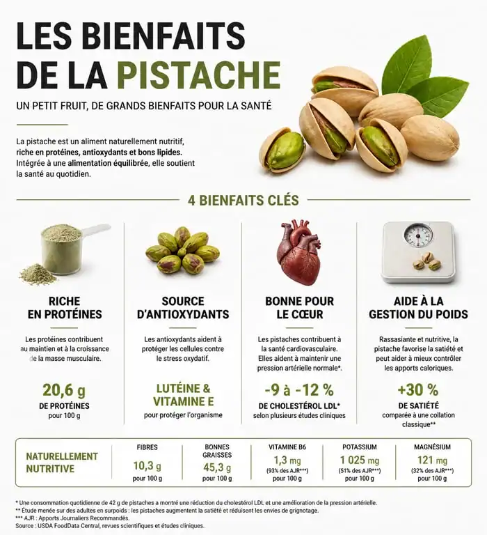 Infographie des bienfaits santé de la pistache : nutriments, antioxydants et santé cardiovasculaire