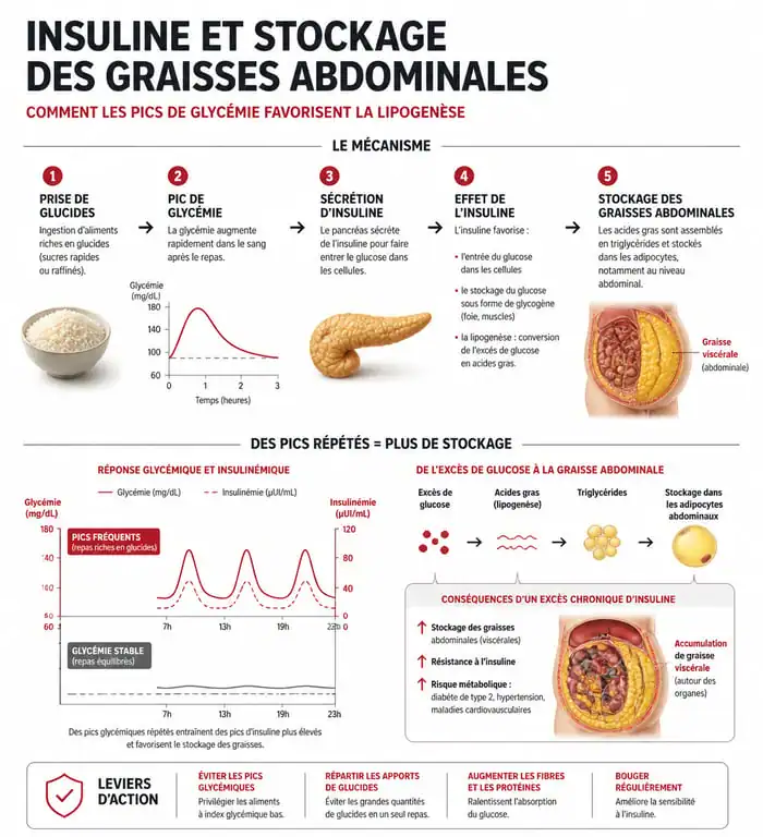 Infographie expliquant le mécanisme de l'insuline et le stockage de la graisse abdominale pour maigrir du ventre