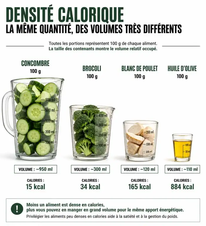 Infographie comparant la densité calorique de différents aliments pour illustrer le concept d'aliments faibles en calories