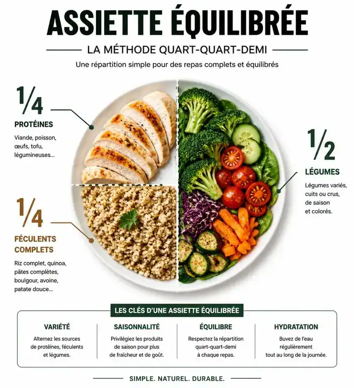Infographie de la répartition d'une assiette équilibrée pour un plan alimentaire pour perte de poids