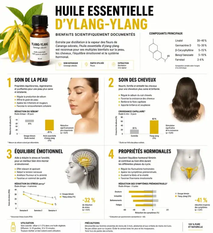Infographie des bienfaits de l'huile essentielle d'ylang-ylang pour la peau, les cheveux et le bien-être émotionnel