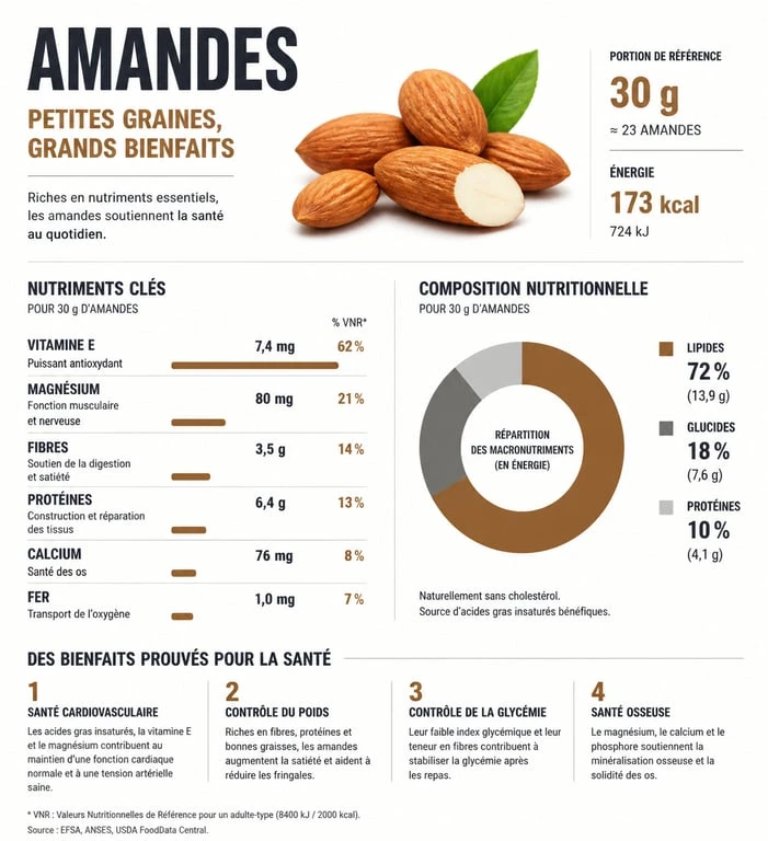 Infographie des bienfaits des amandes pour la santé et valeurs nutritionnelles