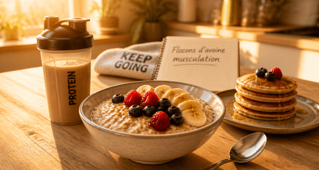 Bol de flocons d'avoine musculation avec fruits et shaker