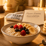 Bol de flocons d'avoine musculation avec fruits et shaker