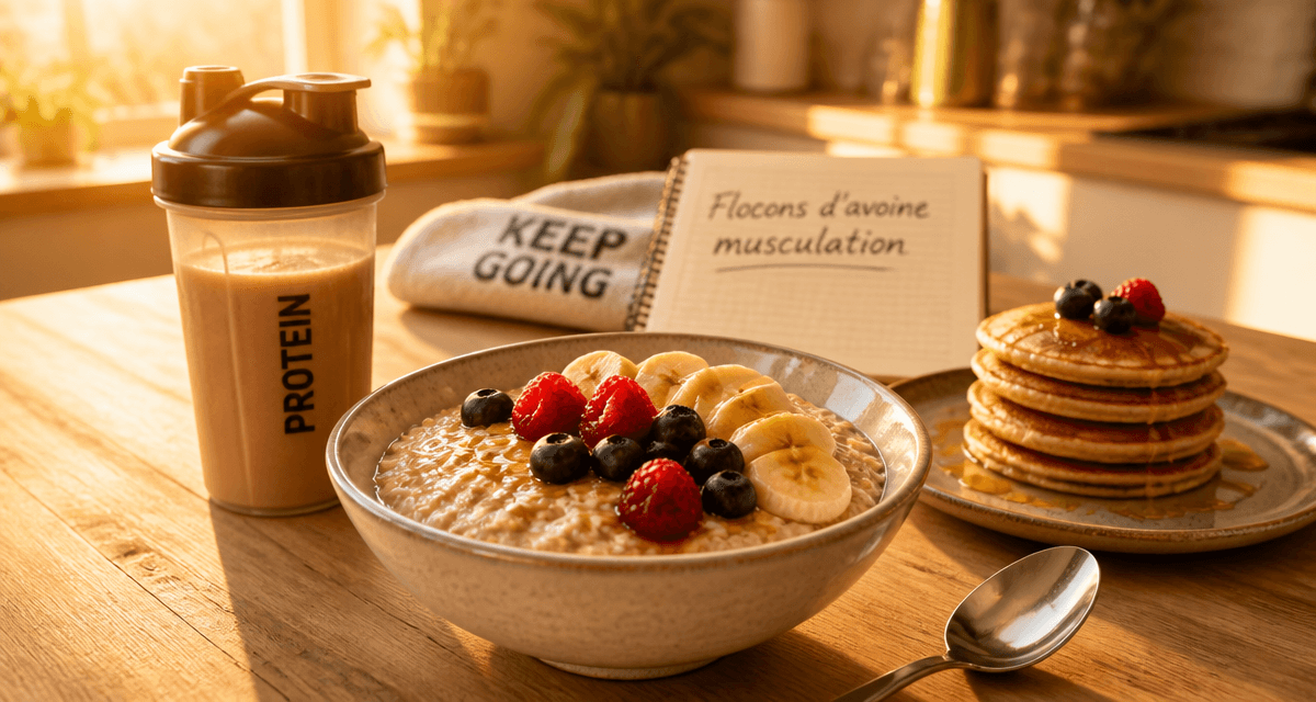 Bol de flocons d'avoine musculation avec fruits et shaker