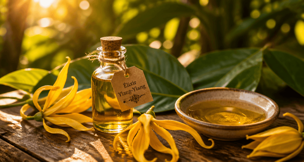 huile essentielle ylang ylang bienfaits fiole fleurs dorée