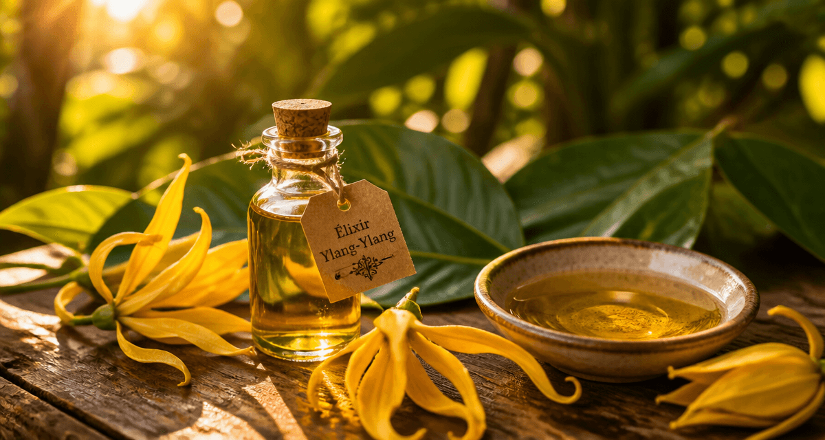 huile essentielle ylang ylang bienfaits fiole fleurs dorée