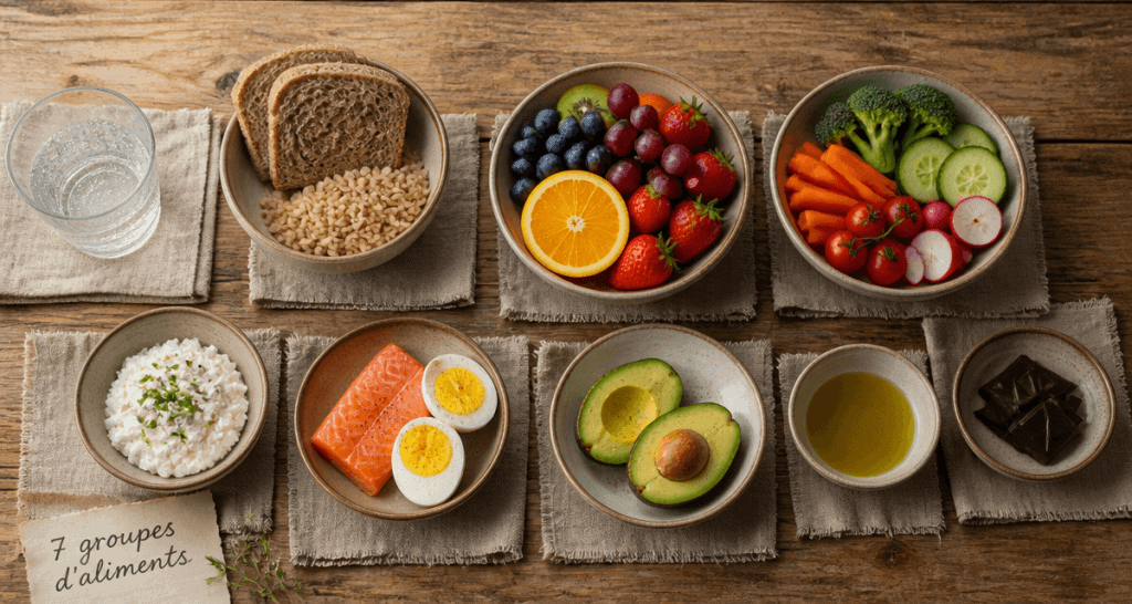 Les 7 groupes d aliments tableau sur une table avec bols