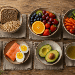 Les 7 groupes d aliments tableau sur une table avec bols