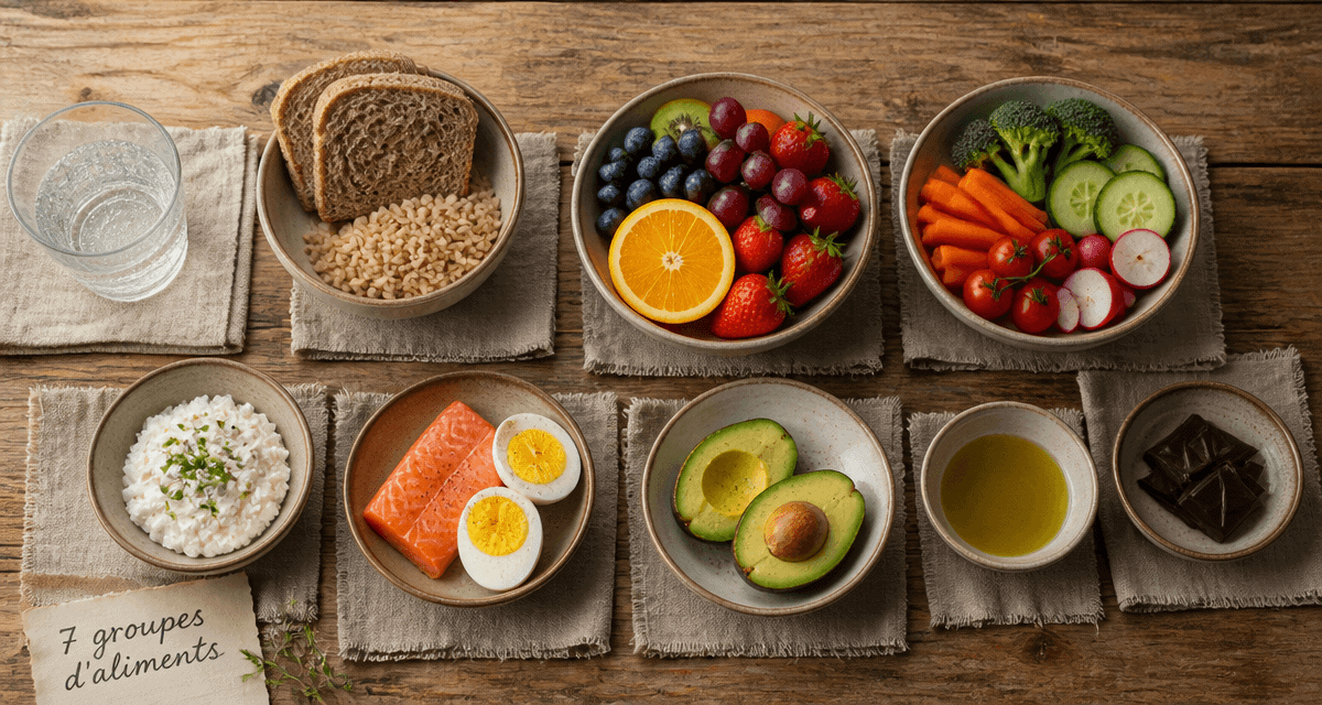 Les 7 groupes d aliments tableau sur une table avec bols