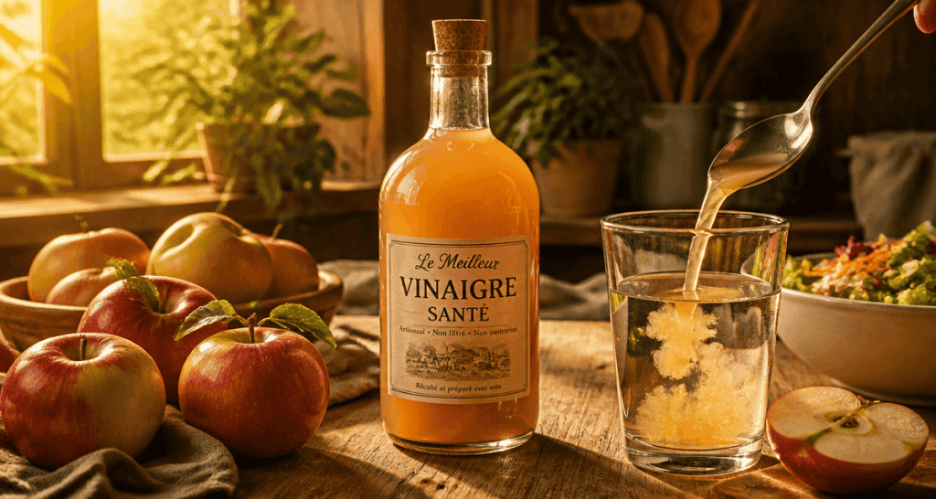 meilleur vinaigre pour la sante sur table avec pommes et légumes