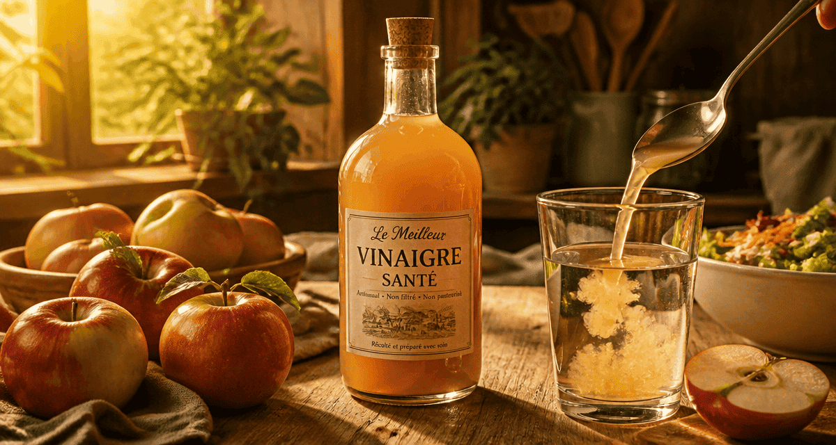 meilleur vinaigre pour la sante sur table avec pommes et légumes