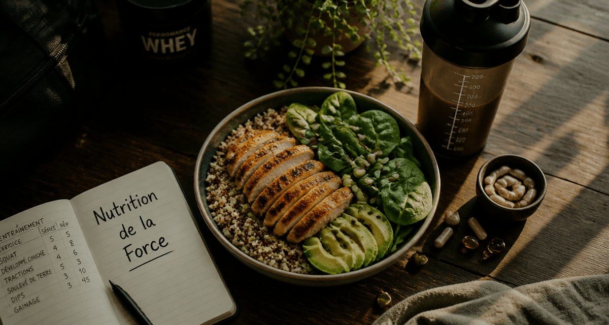 nutrition de la force bowl post-entraînement avec poulet, quinoa et compléments