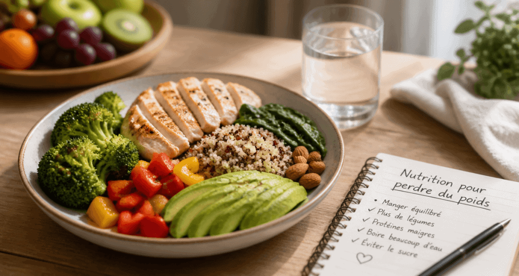 Assiette nutrition perdre du poids légumes poulet quinoa