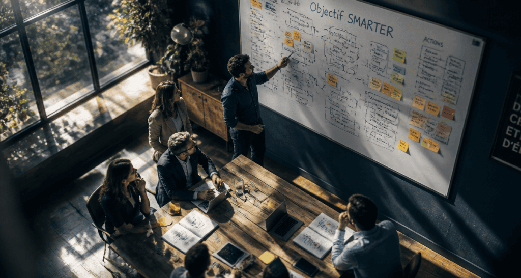 équipe analysant un tableau objectif smarter