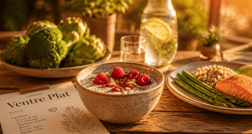recette pour maigrir le ventre avec bol de chia, quinoa, saumon et légumes