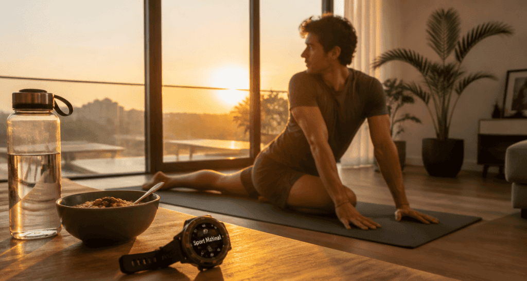 Jeune homme sport matinale yoga étirements