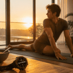 Jeune homme sport matinale yoga étirements