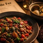 Aliment pour manque de fer : lentilles, palourdes et boudin noir sur une assiette