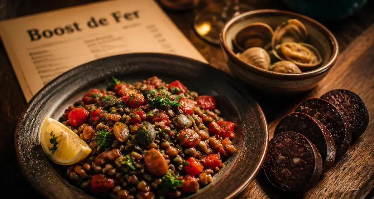 Aliment pour manque de fer : lentilles, palourdes et boudin noir sur une assiette