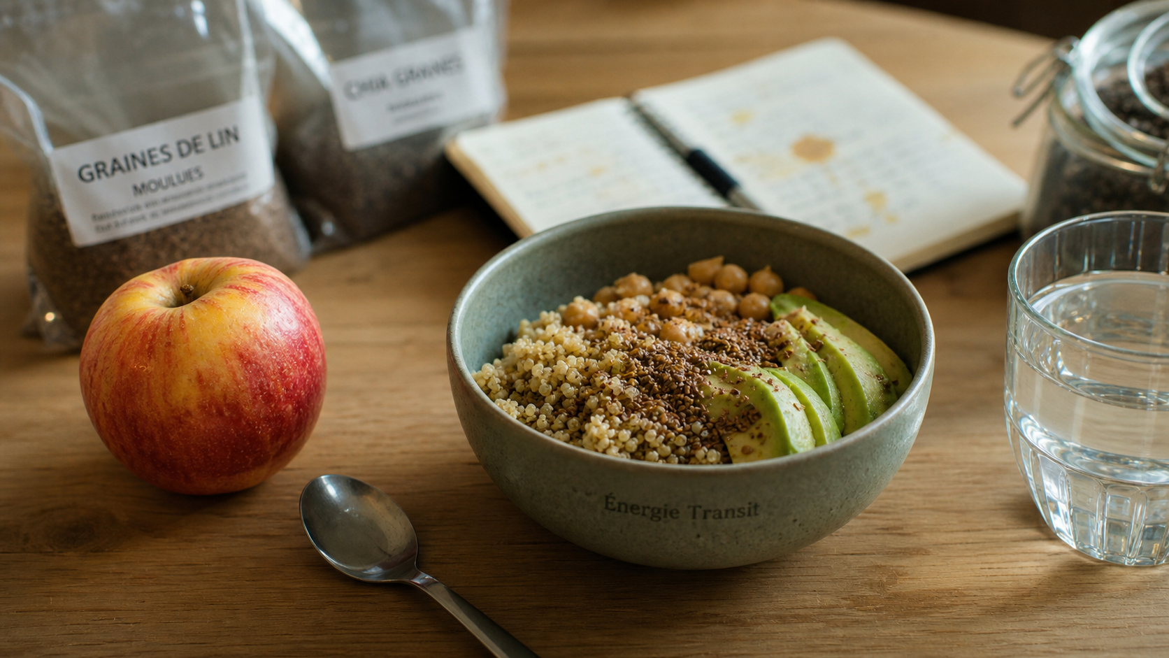 Aliments contenant des fibres : bol transit (quinoa, pois chiches, graines de lin) et pomme