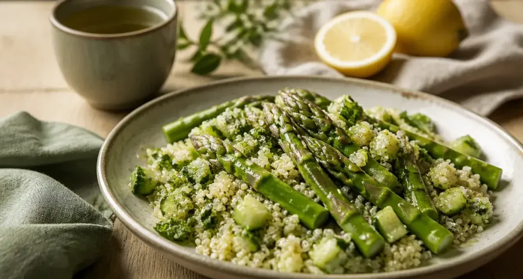 Aliments diurétiques : salade drainante quinoa, thé vert et citron