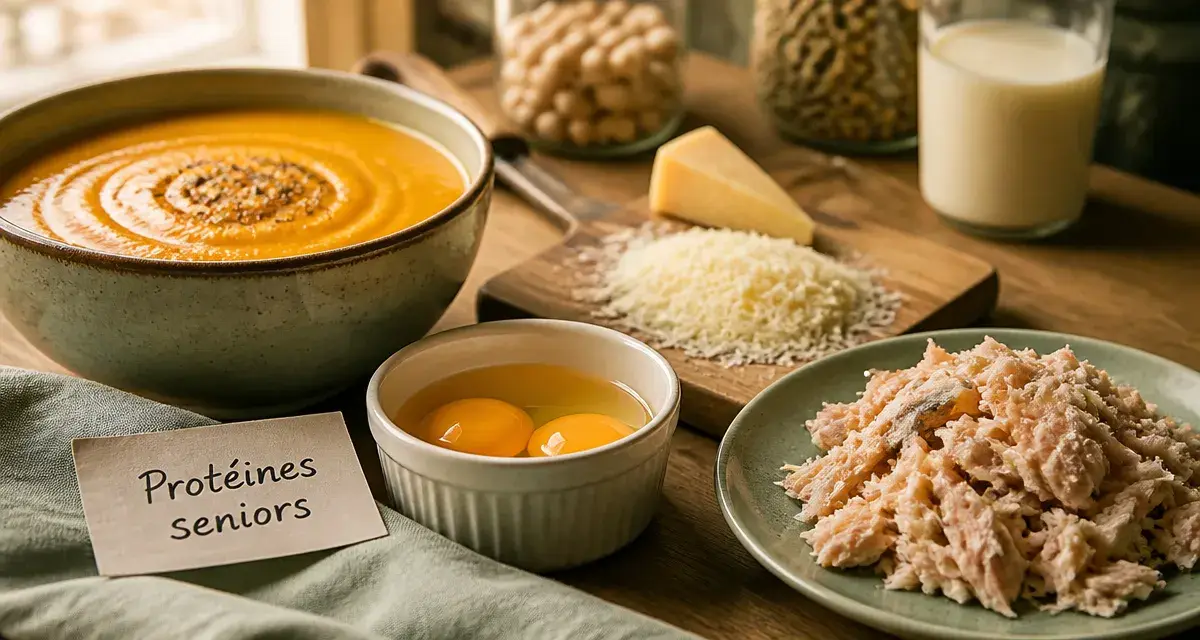 Aliments riches en proteines pour personnes agees : bol velouté, œufs et poisson riches en protéines
