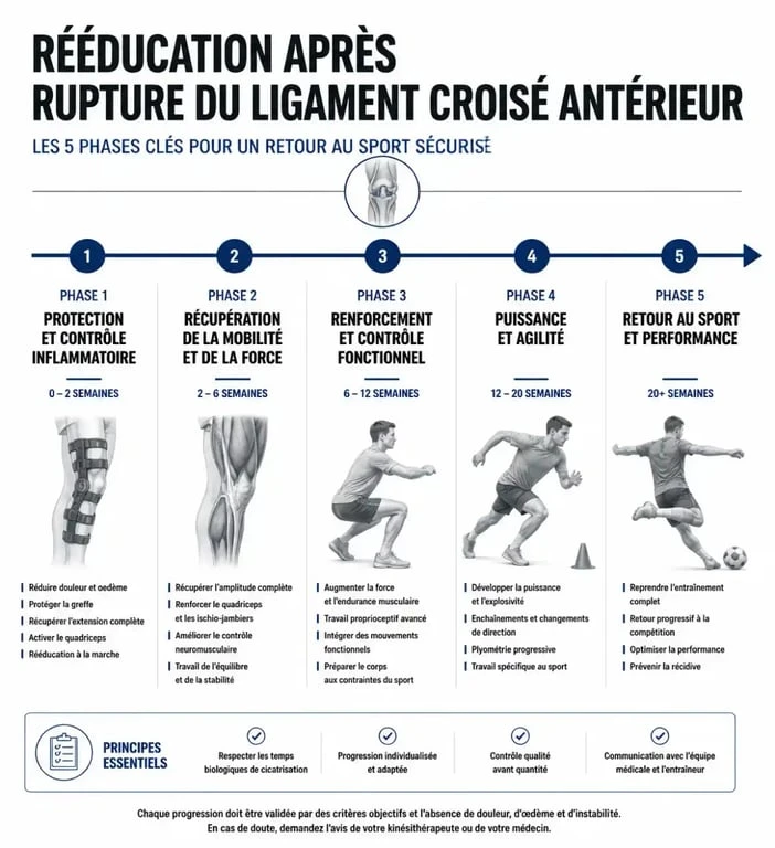 Infographie des phases de récupération après une rupture des ligaments croisés du genou