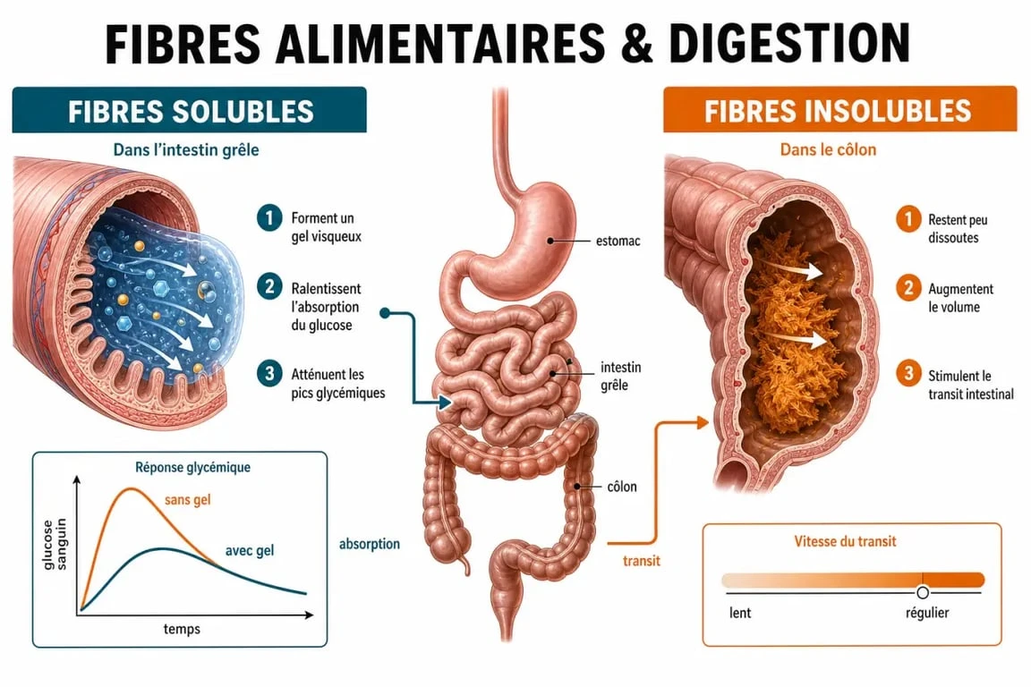 Infographie sur les bienfaits des aliments contenant des fibres solubles et insolubles pour la santé digestive