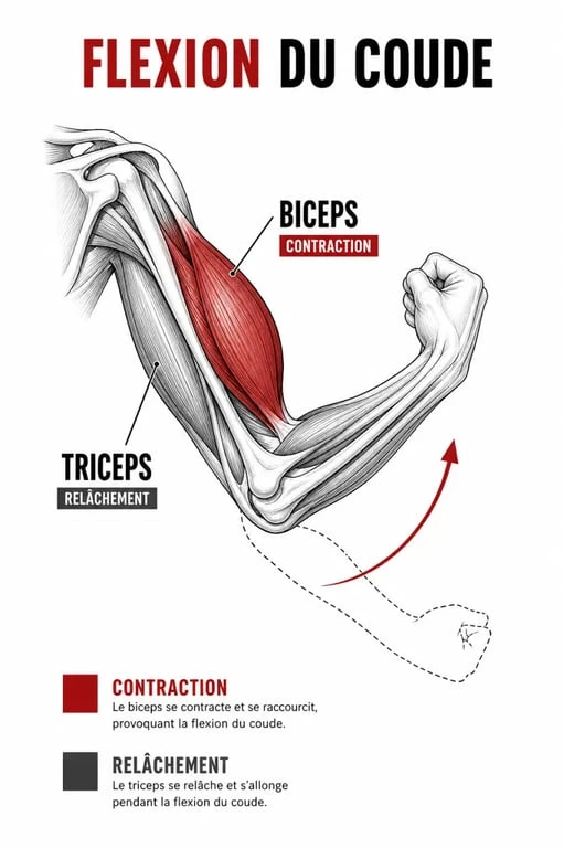 Schéma anatomique et mouvement pour la musculation des bras femme