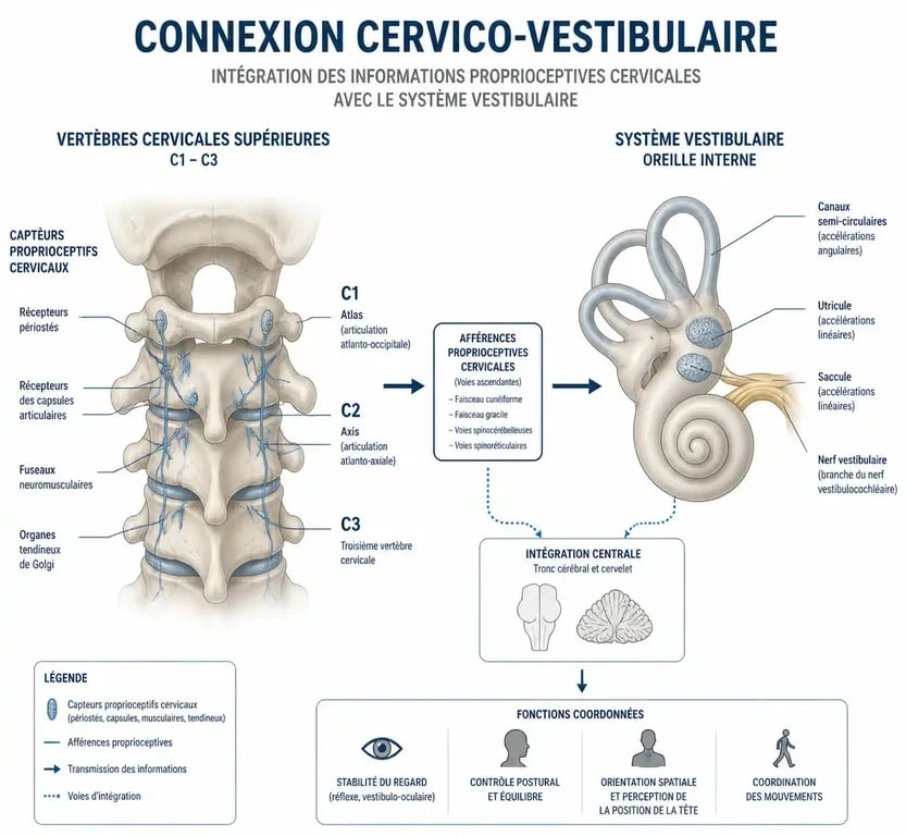 Schéma anatomique expliquant le lien entre les vertèbres cervicales et les vertiges cervicogènes