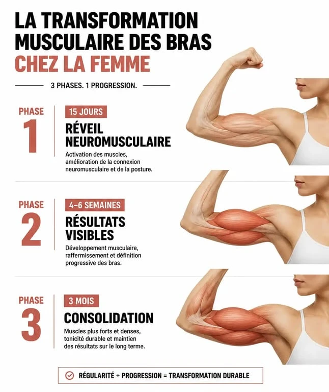 Infographie illustrant le calendrier de transformation pour se muscler les bras femme