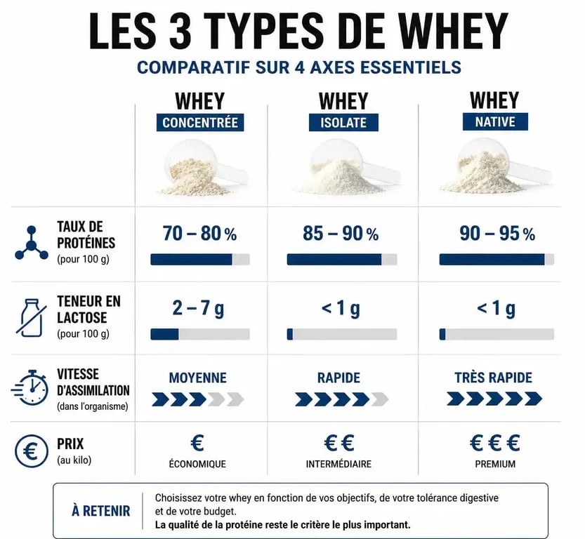 Infographie comparative des types de whey : concentrée, isolate et native pour choisir sa protéine