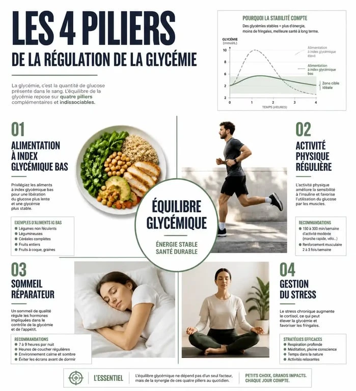 Infographie sur les méthodes naturelles pour faire baisser la glycémie et stabiliser son taux de sucre