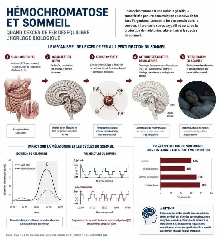 Schéma explicatif des mécanismes biologiques reliant l'hémochromatose et les troubles du sommeil