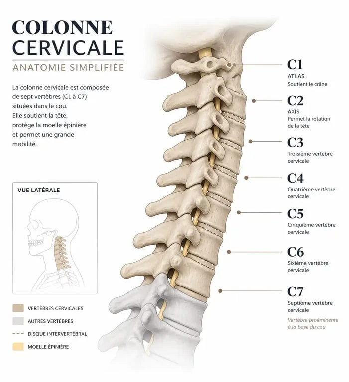Schéma anatomique des vertèbres cervicales pour comprendre la fracture des cervicales