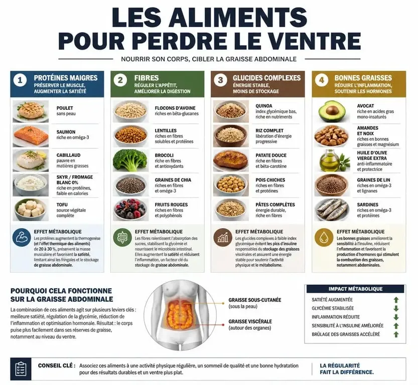 Infographie des meilleurs aliments pour perdre le ventre et réduire la graisse abdominale