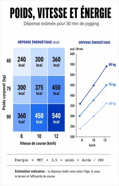 Infographie des calories brûlées en 30 minutes de jogging selon le poids et la vitesse