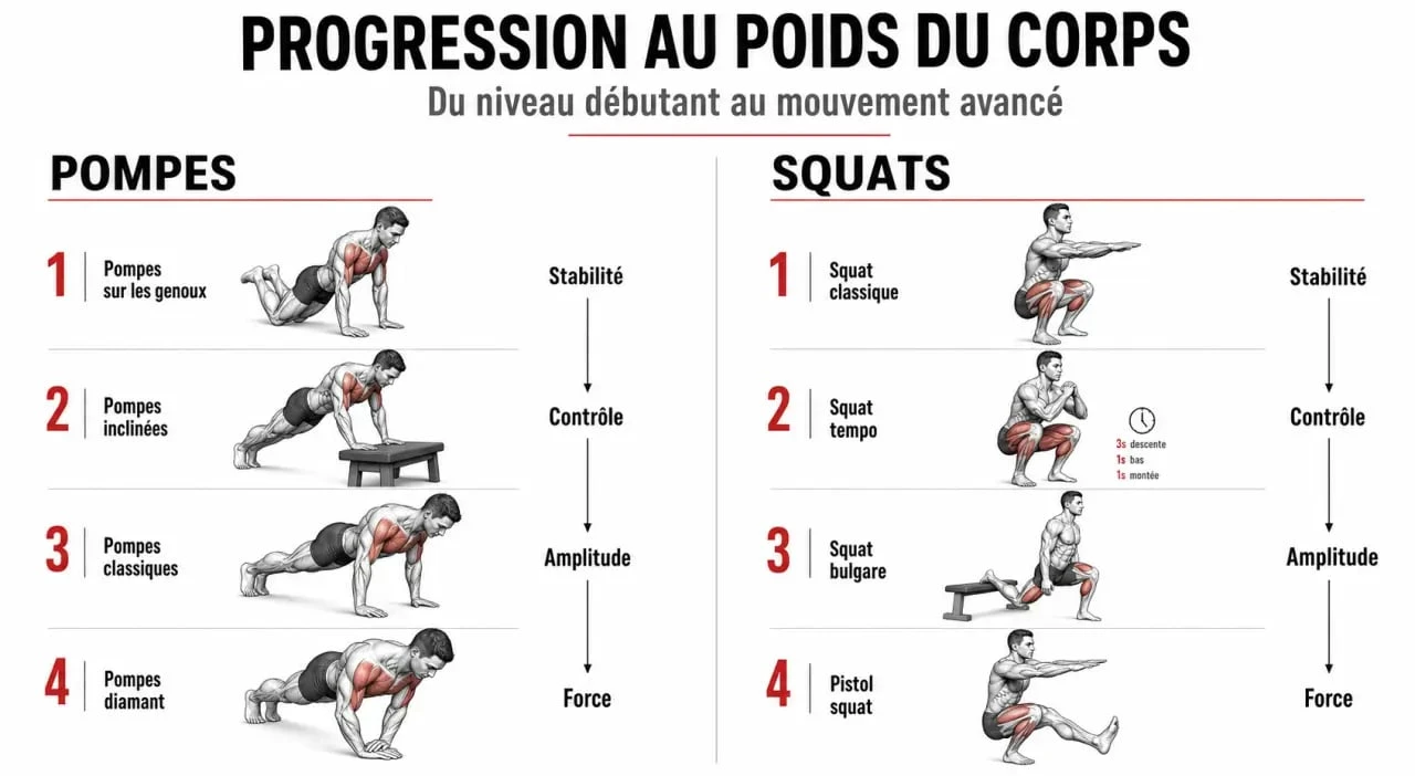 Progression des exercices de musculation au poids du corps : du niveau débutant au niveau avancé