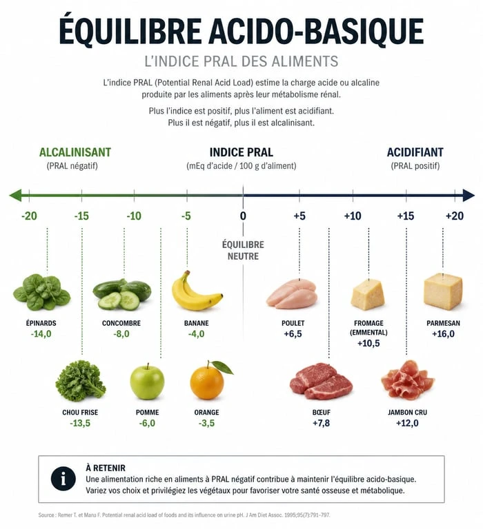 Infographie explicative sur l'indice PRAL et l'équilibre des aliments acides ou basiques pour la santé