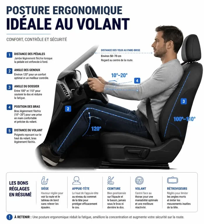 Schéma de la posture ergonomique idéale pour prévenir le mal de dos en voiture