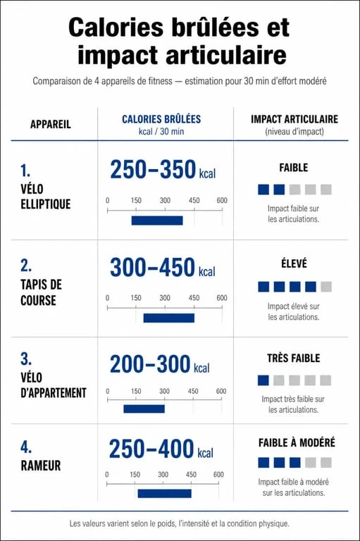 Comparatif des calories brûlées et de l'impact articulaire pour 30 minutes de vélo elliptique et autres appareils de cardio