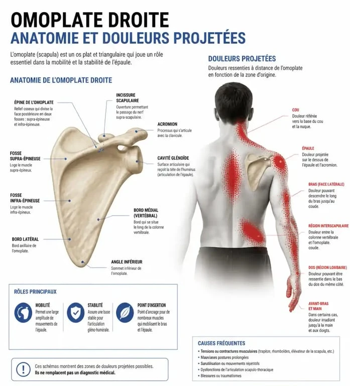 Infographie anatomique expliquant les causes de la douleur omoplate droite et les zones de douleurs projetées.
