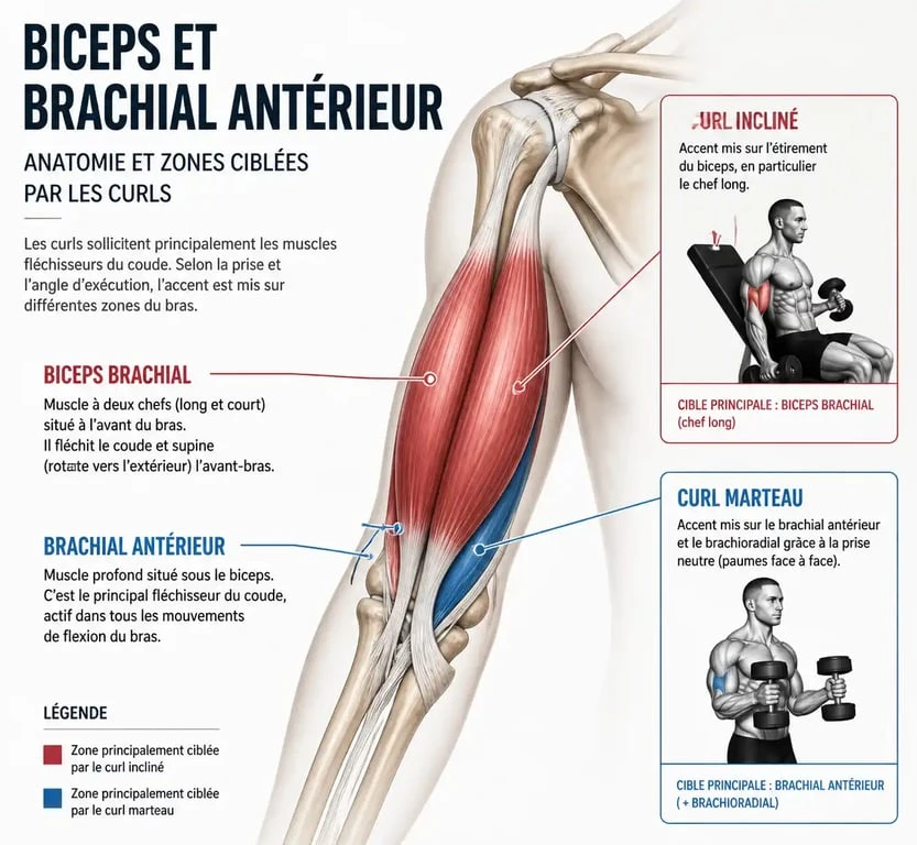 Anatomie et ciblage musculaire pour les exercices biceps avec haltère
