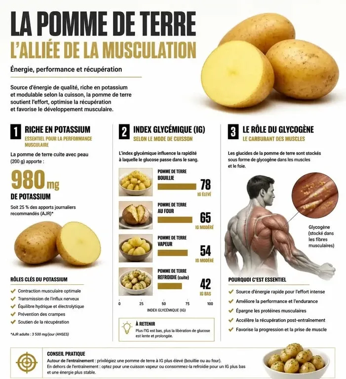 Infographie sur les bienfaits de la pomme de terre pour la musculation et la performance sportive