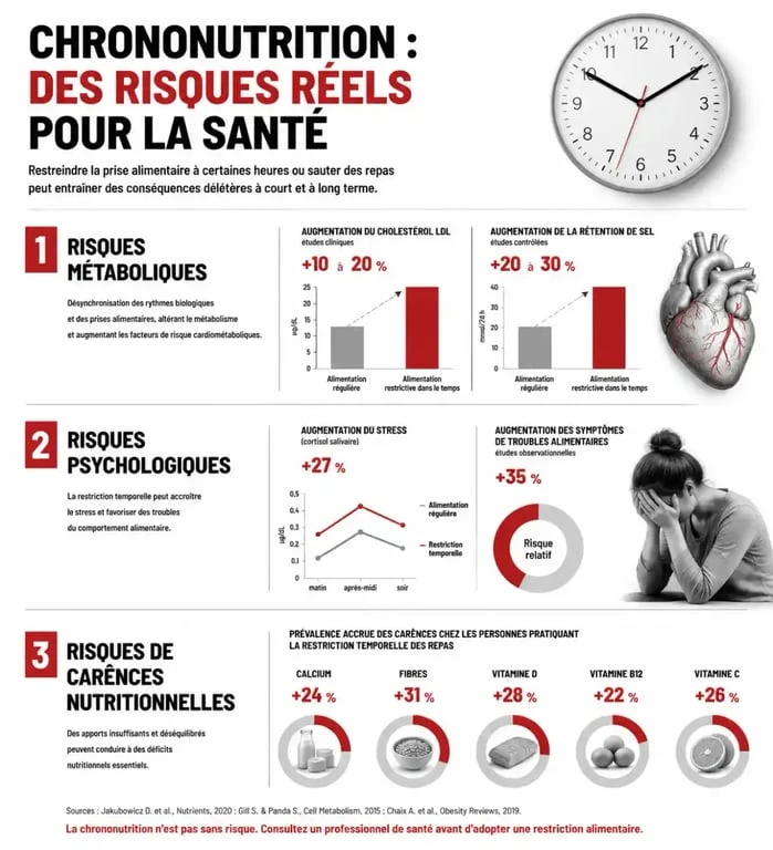 Infographie des dangers de la chrononutrition : risques métaboliques, psychologiques et carences nutritionnelles
