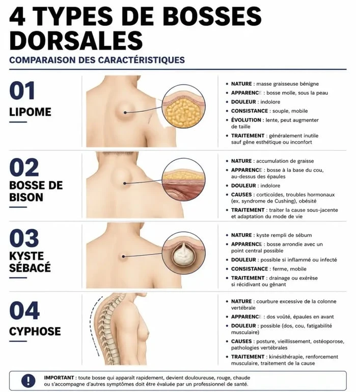 Infographie comparative des différents types de bosses dans le dos : lipome, bosse de bison, kyste et cyphose